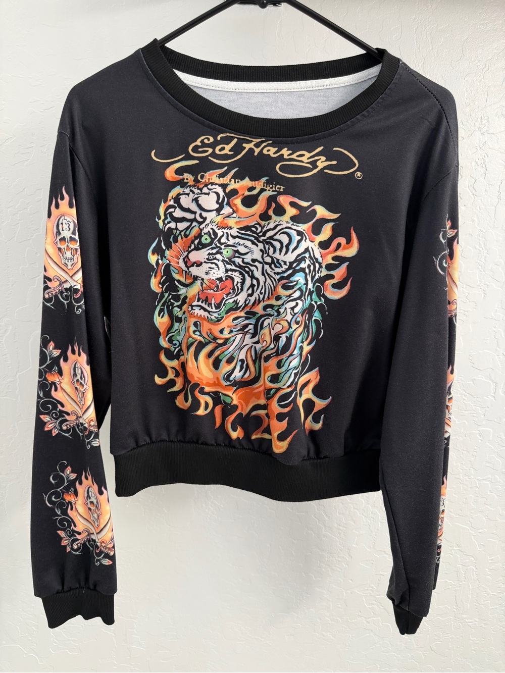 Ed Hardy Black Crewneck with Multicolor Flame Tiger